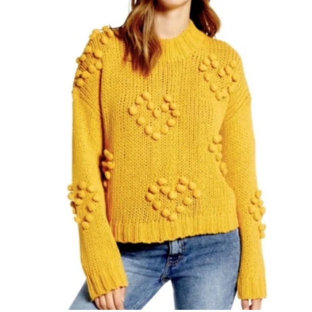 Cocobleu Marigold Pom Pom Heart Chunky Knit Oversized Cozy Sweater